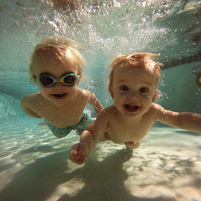 Zwei Babys tauchen lachend im Schwimmbad