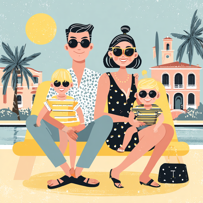 Illustration einer Familie mit Zwillingen im Sommerurlaub