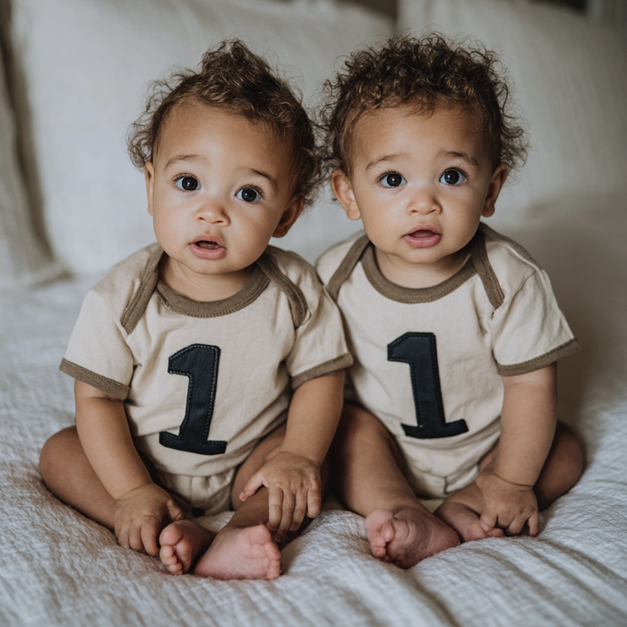 Zwei Babys mit der Zahl Eins auf dem Shirt