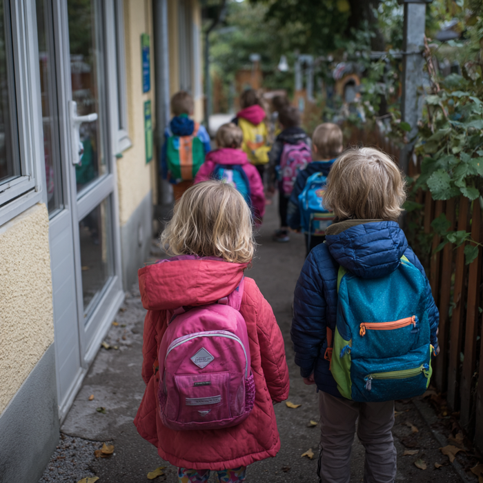 Zwei Kinder mit Rucksäcken gehen in die Kita